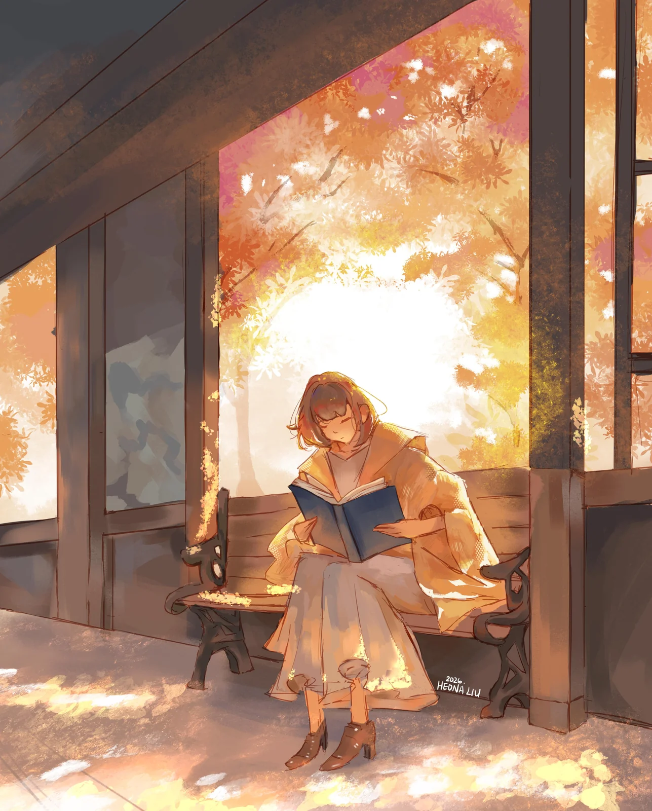 Digital painting of a girl reading a book on a wooden bench under glowing orange autumn trees.