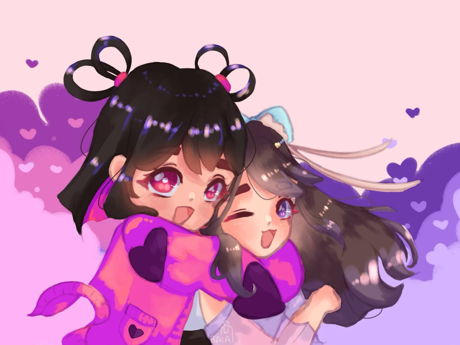 Two cheerful chibi girls hugging cheek to cheek, one in a pink heart jacket, against pink and purple clouds with hearts.