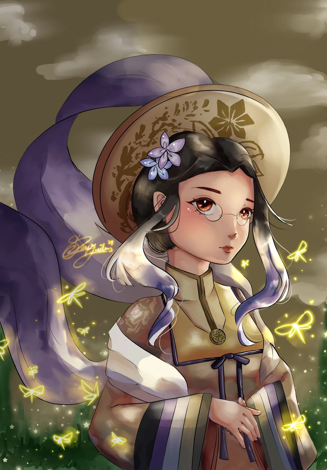 Girl in round glasses and a wide patterned hat, with a flowing purple ribbon and glowing yellow fireflies around her.