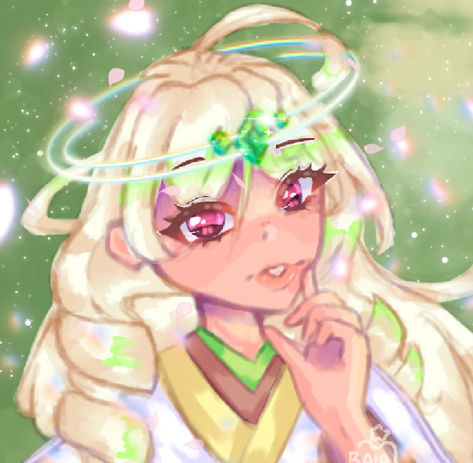 Portrait of a girl with long cream hair and pink eyes, a glowing rainbow halo and green gem above her head, with falling petals.