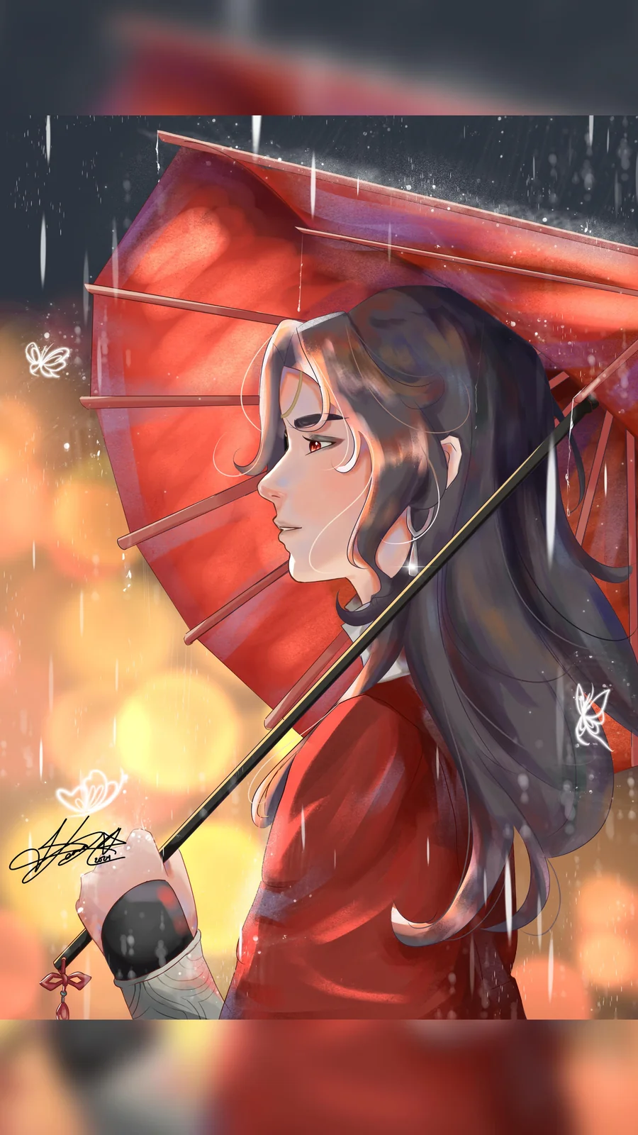Profile of a long-haired figure in red holding a red oil-paper umbrella in the rain, with glowing butterflies and warm city lights.