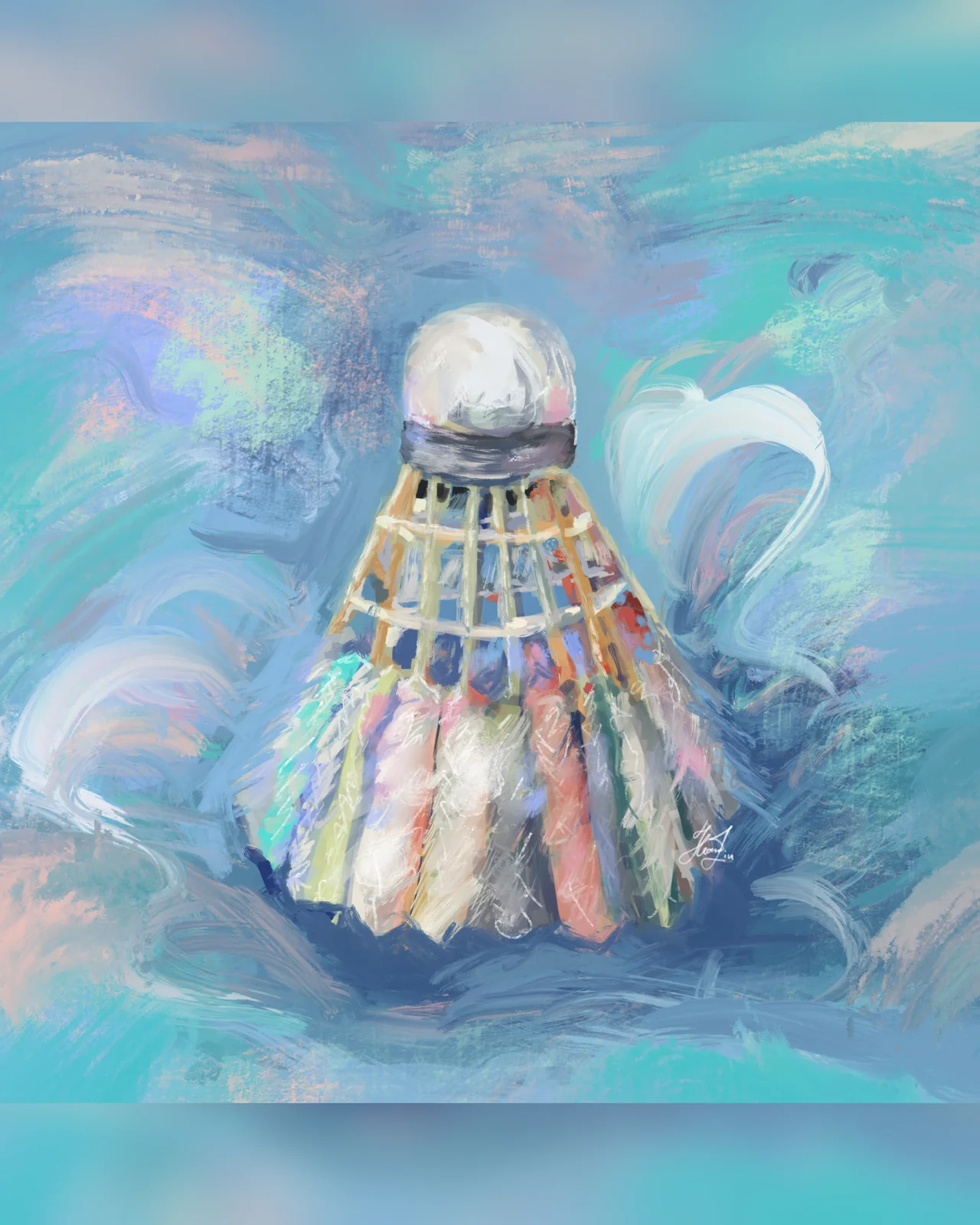 Painterly digital artwork of a feather badminton shuttlecock in pastel colors on a swirling blue background.