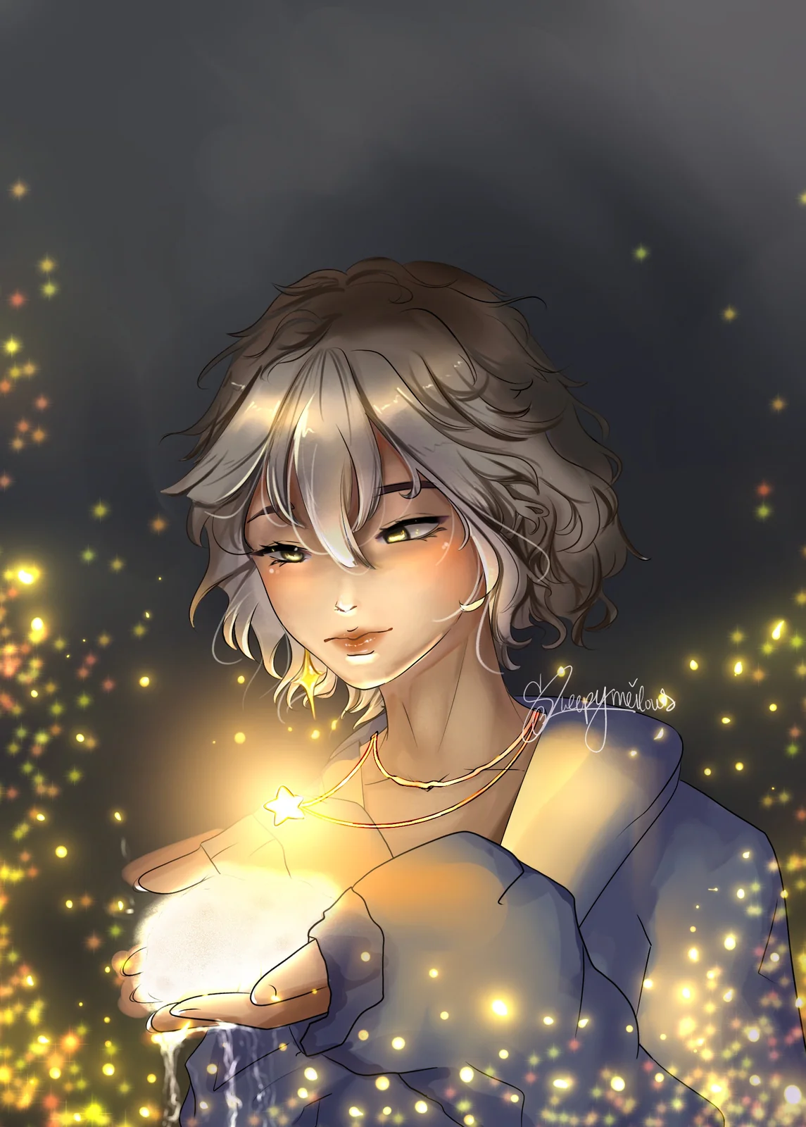 Figure with curly silver hair holding a glowing light in cupped hands, surrounded by golden sparkles.