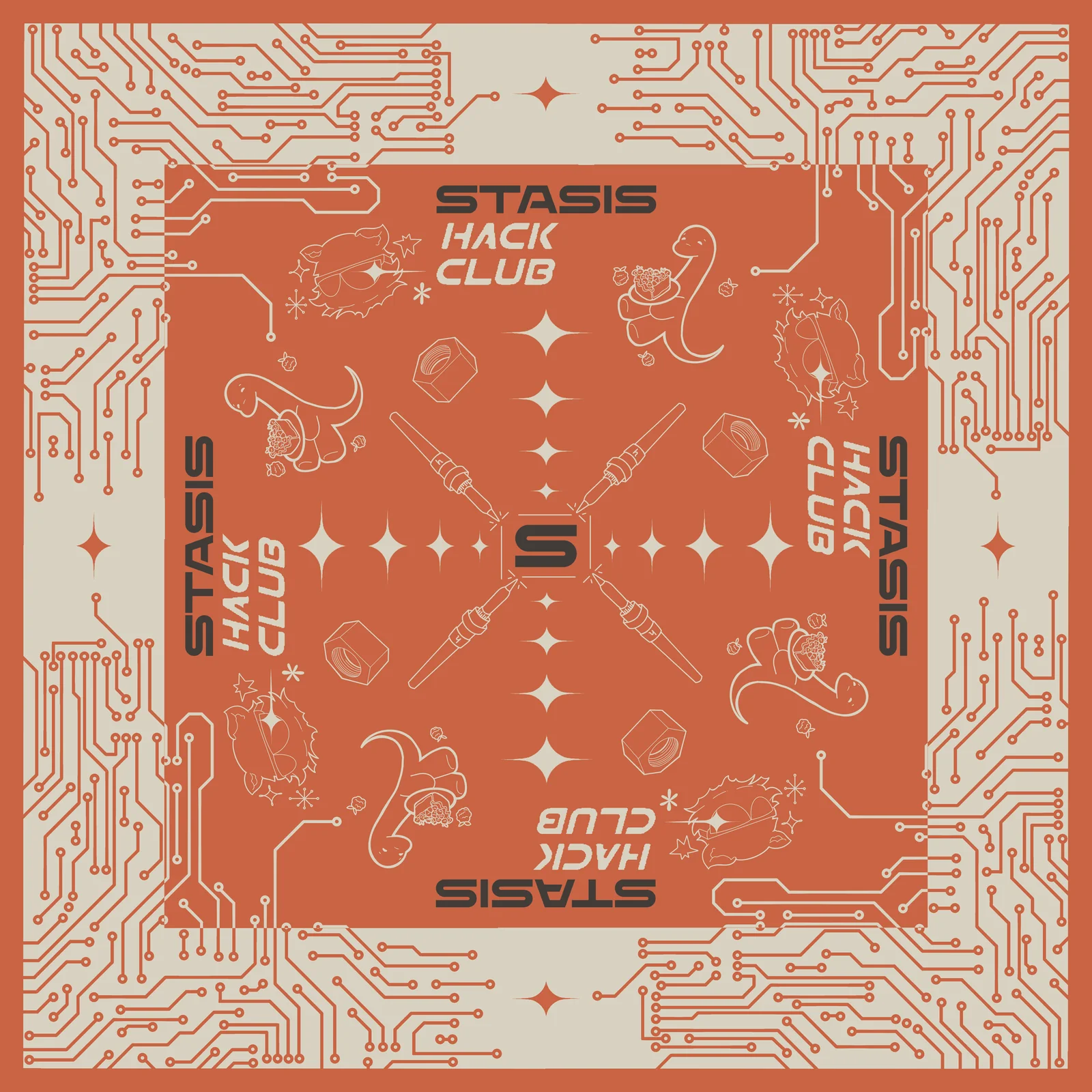 Square bandana design in orange and cream with circuit traces, soldering irons, hex nuts, and “Stasis Hack Club” lettering.